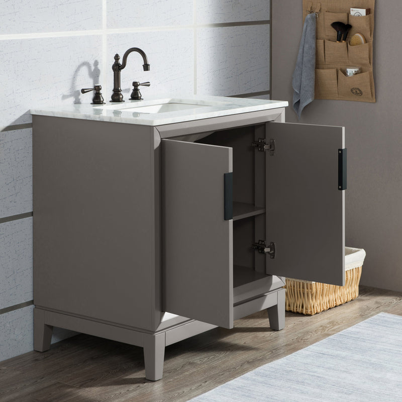 Water Creation Elizabeth 30" Single Sink Carrara White Marble Vanity in Cashmere Grey with F2-0012-03-TL Lavatory Faucet(s) VEL030CWCG27 - Model Bath