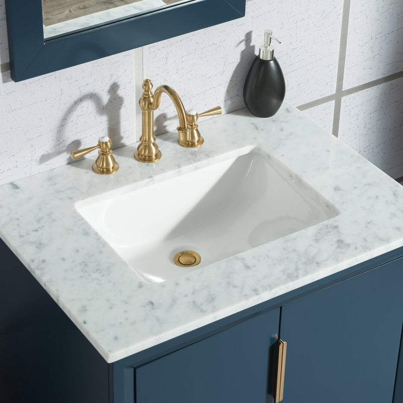Water Creation Elizabeth 30" Single Sink Carrara White Marble Vanity in Monarch Blue with F2-0012-06-TL Lavatory Faucet(s) VEL030CWMB37 - Model Bath