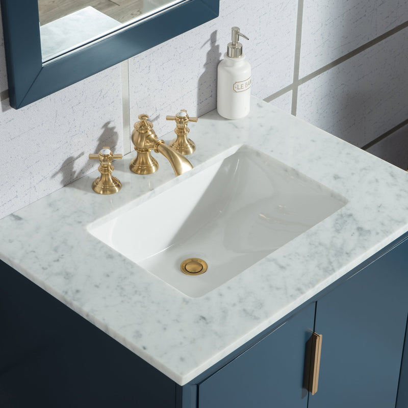 Water Creation Elizabeth 30" Single Sink Carrara White Marble Vanity in Monarch Blue with F2-0013-06-FX Lavatory Faucet(s) VEL030CWMB42 - Model Bath