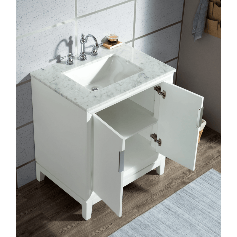Water Creation Elizabeth 30" Single Sink Carrara White Marble Vanity in Pure White with F2-0012-01-TL Lavatory Faucet(s) VEL030CWPW47 - Model Bath