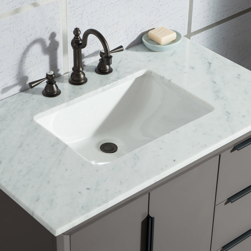 Water Creation Elizabeth 36" Single Sink Carrara White Marble Vanity in Cashmere Grey with Matching Mirror(s) and F2-0012-03-TL Lavatory Faucet(s) VEL036CWCG23 - Model Bath