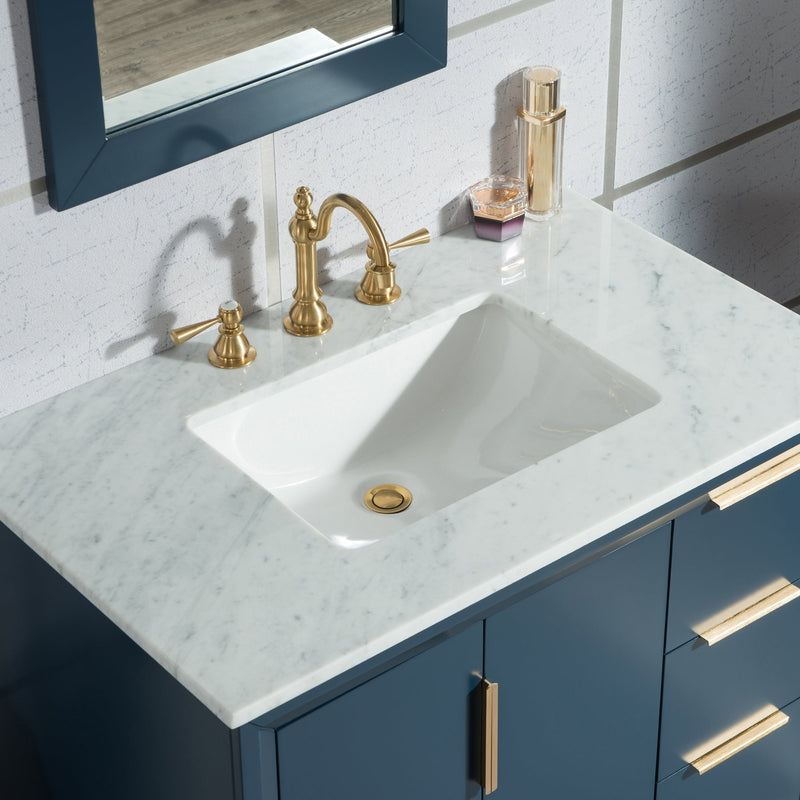 Water Creation Elizabeth 36" Single Sink Carrara White Marble Vanity in Monarch Blue VEL036CWMB00 - Model Bath