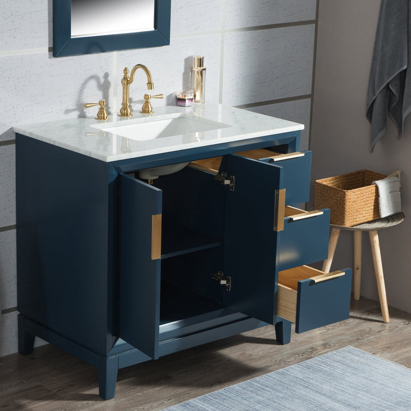 Water Creation Elizabeth 36" Single Sink Carrara White Marble Vanity in Monarch Blue VEL036CWMB00 - Model Bath