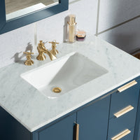 Water Creation Elizabeth 36" Single Sink Carrara White Marble Vanity in Monarch Blue with F2-0013-06-FX Lavatory Faucet(s) VEL036CWMB42 - Model Bath