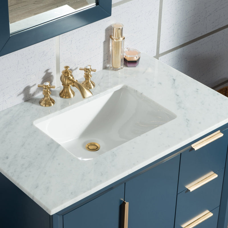 Water Creation Elizabeth 36" Single Sink Carrara White Marble Vanity in Monarch Blue with F2-0013-06-FX Lavatory Faucet(s) VEL036CWMB42 - Model Bath