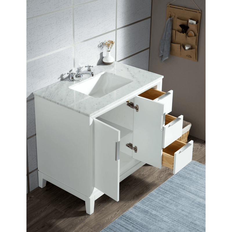 Water Creation Elizabeth 36" Single Sink Carrara White Marble Vanity in Pure White with Matching Mirror(s) VEL036CWPW01 - Model Bath