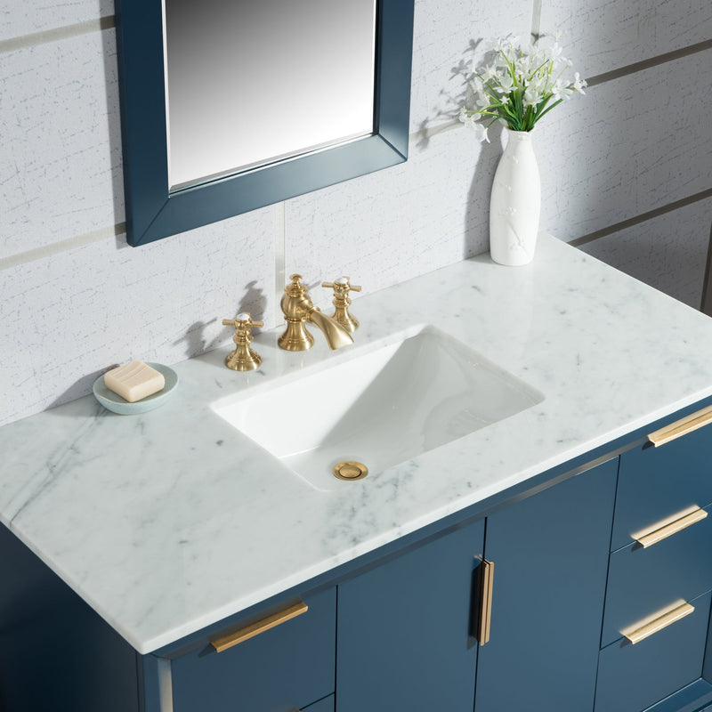 Water Creation Elizabeth 48" Single Sink Carrara White Marble Vanity in Monarch Blue with F2-0013-06-FX Lavatory Faucet(s) VEL048CWMB42 - Model Bath