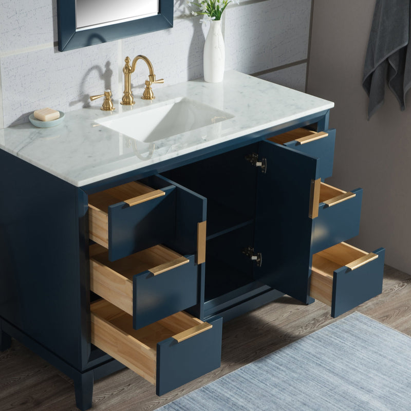 Water Creation Elizabeth 48" Single Sink Carrara White Marble Vanity in Monarch Blue with Matching Mirror(s) and F2-0012-06-TL Lavatory Faucet(s) VEL048CWMB33 - Model Bath