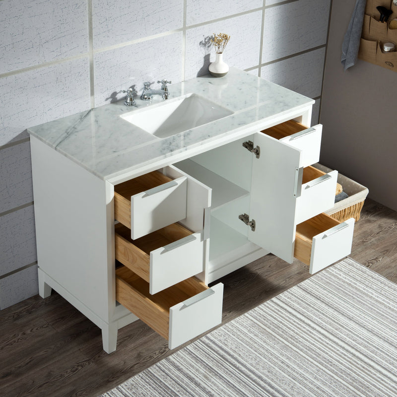 Water Creation Elizabeth 48" Single Sink Carrara White Marble Vanity in Pure White with F2-0009-01-BX Lavatory Faucet(s) VEL048CWPW07 - Model Bath