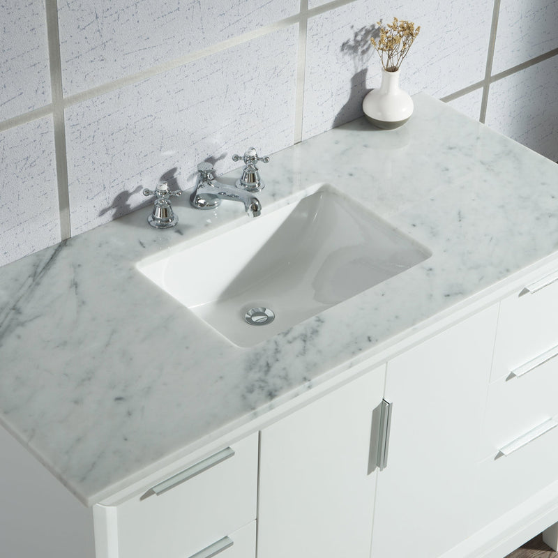Water Creation Elizabeth 48" Single Sink Carrara White Marble Vanity in Pure White with F2-0009-01-BX Lavatory Faucet(s) VEL048CWPW07 - Model Bath