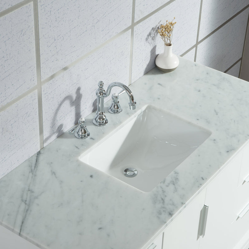 Water Creation Elizabeth 48" Single Sink Carrara White Marble Vanity in Pure White with F2-0012-01-TL Lavatory Faucet(s) VEL048CWPW47 - Model Bath