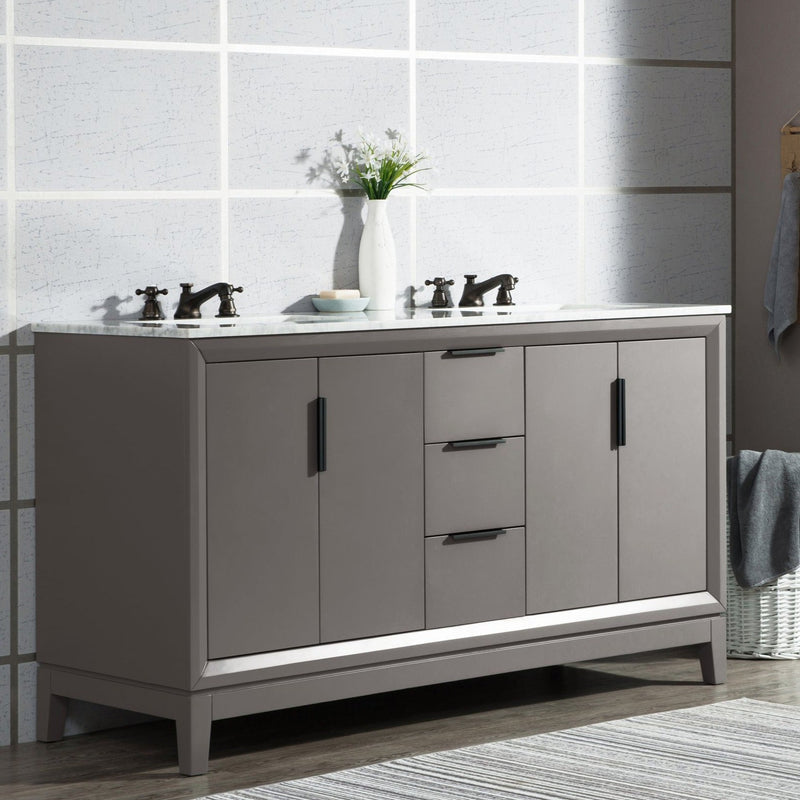 Water Creation Elizabeth 60" Double Sink Carrara White Marble Vanity in Cashmere Grey with F2-0009-03-BX Lavatory Faucet(s) VEL060CWCG12 - Model Bath