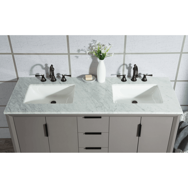 Water Creation Elizabeth 60" Double Sink Carrara White Marble Vanity in Cashmere Grey with F2-0012-03-TL Lavatory Faucet(s) VEL060CWCG27 - Model Bath