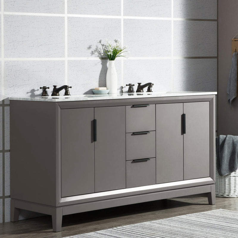 Water Creation Elizabeth 60" Double Sink Carrara White Marble Vanity in Cashmere Grey with Matching Mirror(s) and F2-0009-03-BX Lavatory Faucet(s) VEL060CWCG10 - Model Bath