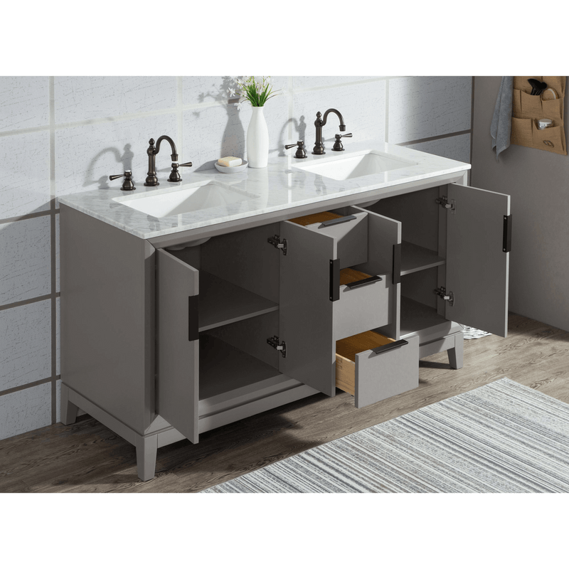 Water Creation Elizabeth 60" Double Sink Carrara White Marble Vanity in Cashmere Grey with Matching Mirror(s) and F2-0012-03-TL Lavatory Faucet(s) VEL060CWCG25 - Model Bath