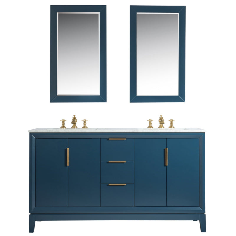 Water Creation Elizabeth 60" Double Sink Carrara White Marble Vanity in Monarch Blue with Matching Mirror(s) and F2-0013-06-FX Lavatory Faucet(s) VEL060CWMB40 - Model Bath