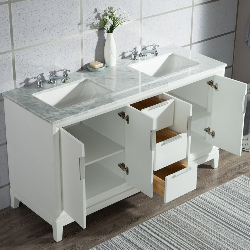 Water Creation Elizabeth 60" Double Sink Carrara White Marble Vanity in Pure White with F2-0009-01-BX Lavatory Faucet(s) VEL060CWPW07 - Model Bath