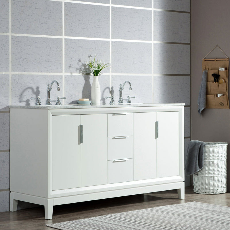 Water Creation Elizabeth 60" Double Sink Carrara White Marble Vanity in Pure White with F2-0012-01-TL Lavatory Faucet(s) VEL060CWPW47 - Model Bath