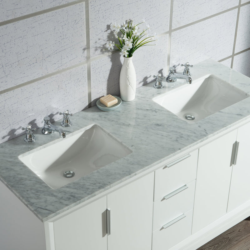 Water Creation Elizabeth 60" Double Sink Carrara White Marble Vanity in Pure White with Matching Mirror(s) and F2-0009-01-BX Lavatory Faucet(s) VEL060CWPW05 - Model Bath