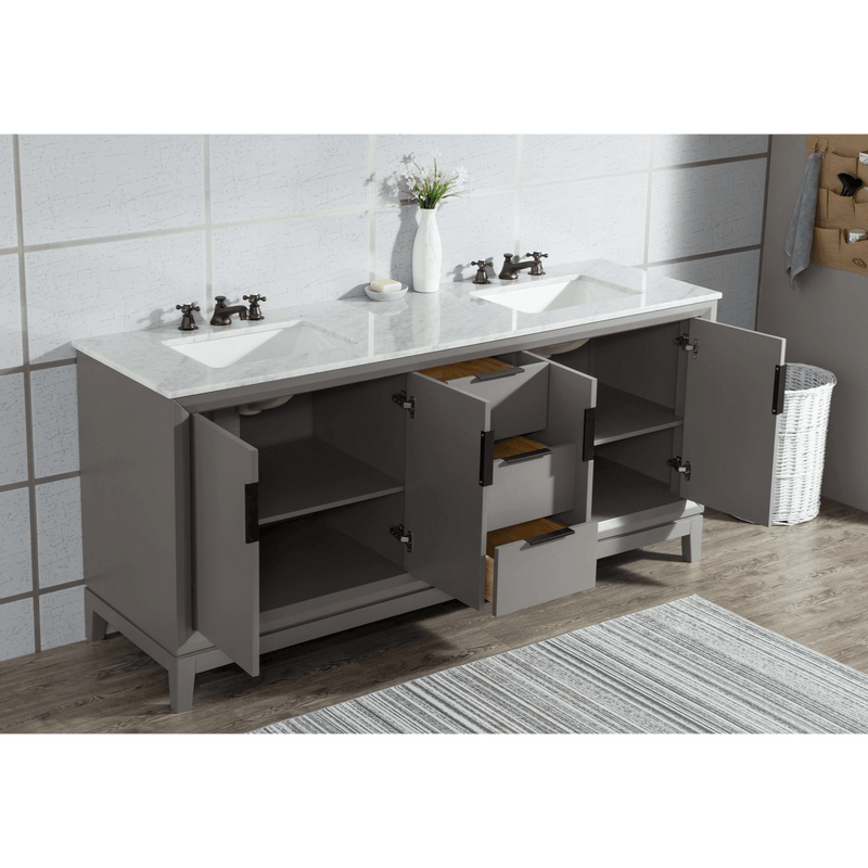 Water Creation Elizabeth 72" Double Sink Carrara White Marble Vanity in Cashmere Grey with F2-0009-03-BX Lavatory Faucet(s) VEL072CWCG12 - Model Bath