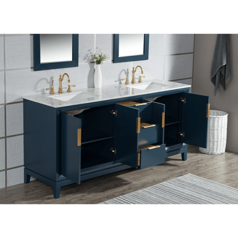 Water Creation Elizabeth 72" Double Sink Carrara White Marble Vanity in Monarch Blue with F2-0012-06-TL Lavatory Faucet(s) VEL072CWMB37 - Model Bath