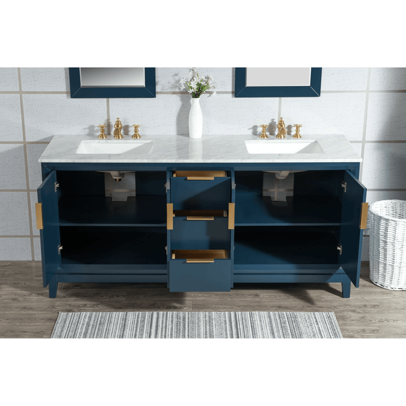 Water Creation Elizabeth 72" Double Sink Carrara White Marble Vanity in Monarch Blue with F2-0013-06-FX Lavatory Faucet(s) VEL072CWMB42 - Model Bath