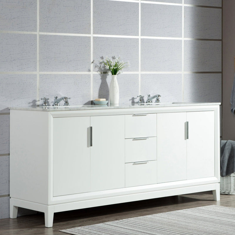 Water Creation Elizabeth 72" Double Sink Carrara White Marble Vanity in Pure White with F2-0009-01-BX Lavatory Faucet(s) VEL072CWPW07 - Model Bath