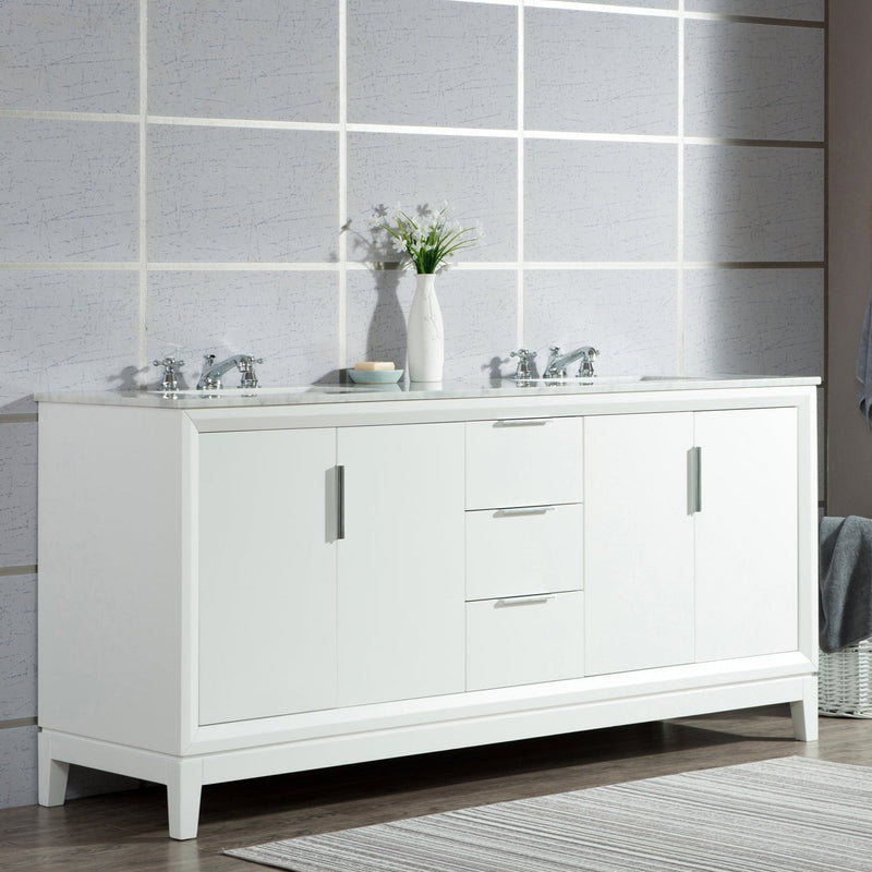 Water Creation Elizabeth 72" Double Sink Carrara White Marble Vanity in Pure White with Matching Mirror(s) and F2-0009-01-BX Lavatory Faucet(s) VEL072CWPW05 - Model Bath