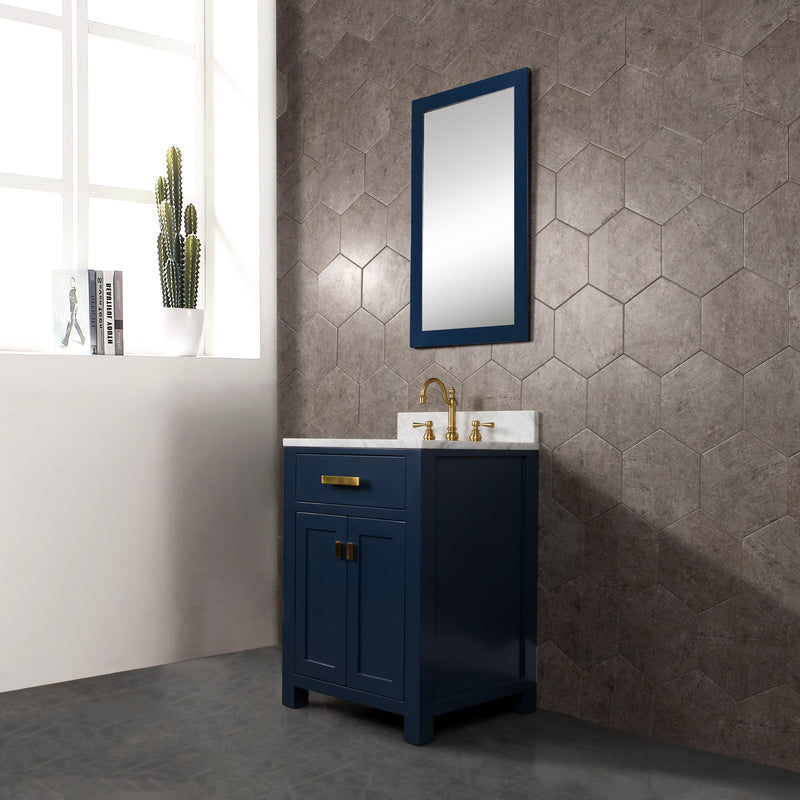 Water Creation Madison 24" Single Sink Carrara White Marble Vanity in Monarch Blue with F2-0012-06-TL Lavatory Faucet VMI024CWMB37 - Model Bath