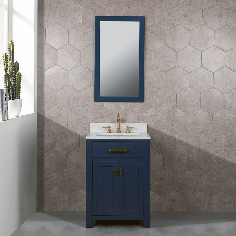 Water Creation Madison 24" Single Sink Carrara White Marble Vanity in Monarch Blue with F2-0012-06-TL Lavatory Faucet VMI024CWMB37 - Model Bath