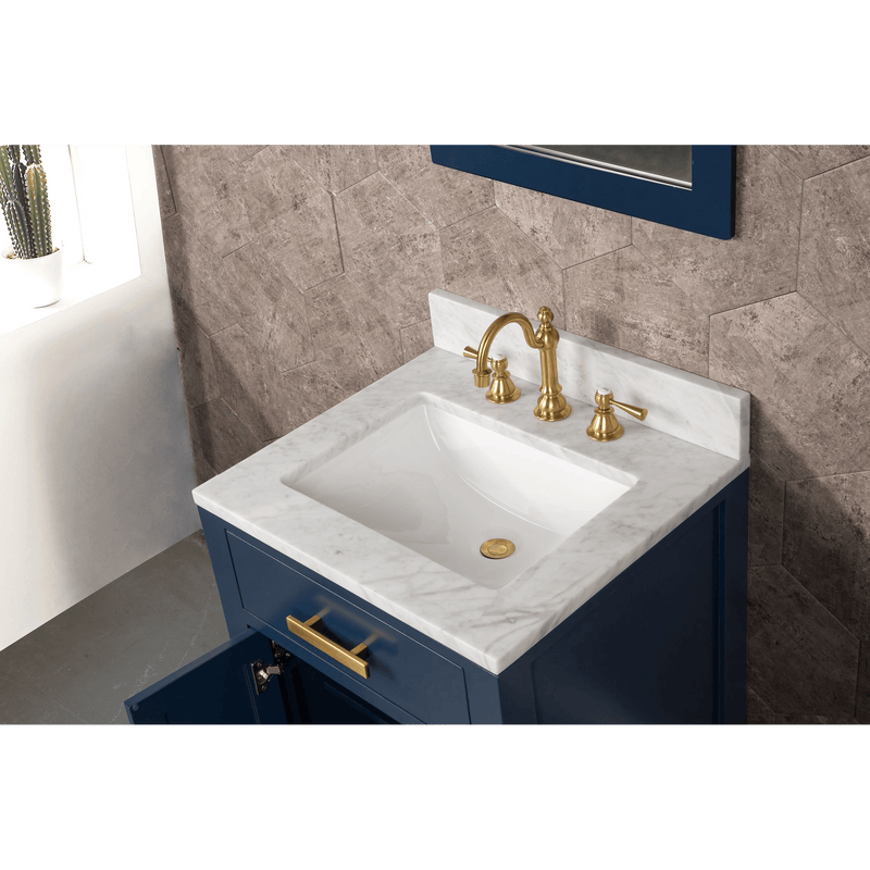 Water Creation Madison 24" Single Sink Carrara White Marble Vanity in Monarch Blue with F2-0012-06-TL Lavatory Faucet VMI024CWMB37 - Model Bath