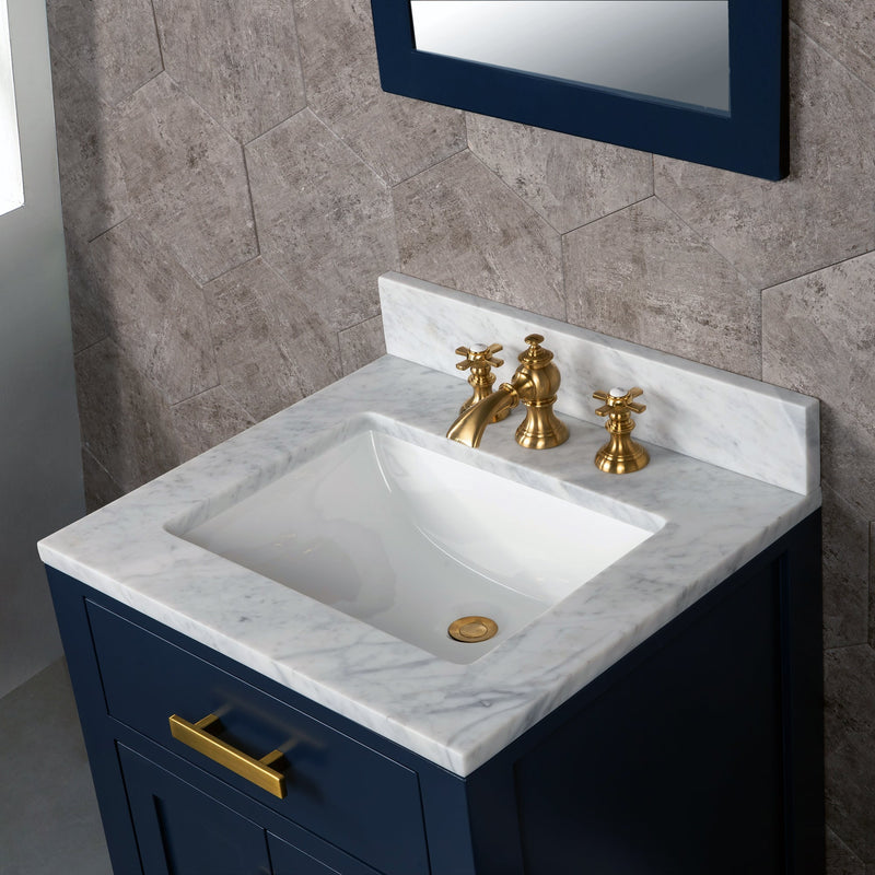 Water Creation Madison 24" Single Sink Carrara White Marble Vanity in Monarch Blue with Matching Mirror and F2-0013-06-FX Lavatory Faucet VMI024CWMB38 - Model Bath