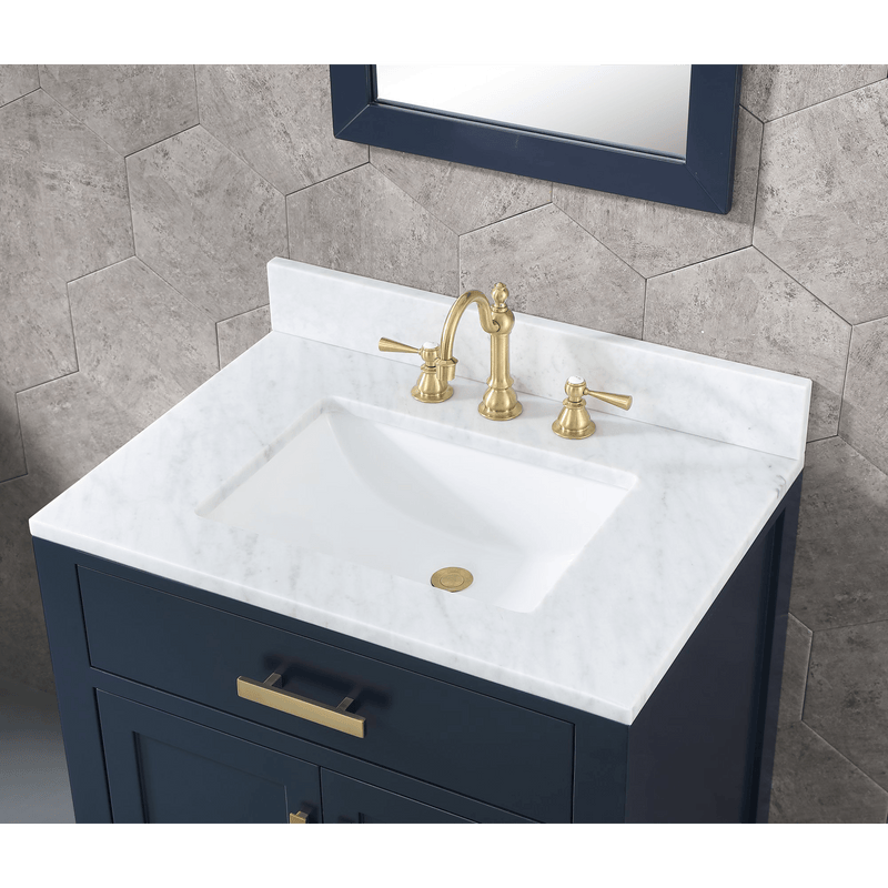 Water Creation Madison 30" Single Sink Carrara White Marble Vanity in Monarch Blue with F2-0012-06-TL Lavatory Faucet VMI030CWMB37 - Model Bath