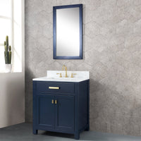 Water Creation Madison 30" Single Sink Carrara White Marble Vanity in Monarch Blue with Matching Mirror and F2-0012-06-TL Lavatory Faucet VMI030CWMB33 - Model Bath