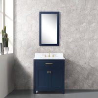 Water Creation Madison 30" Single Sink Carrara White Marble Vanity in Monarch Blue with Matching Mirror and F2-0012-06-TL Lavatory Faucet VMI030CWMB33 - Model Bath