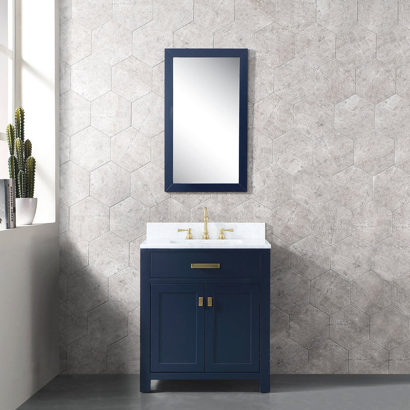Water Creation Madison 30" Single Sink Carrara White Marble Vanity in Monarch Blue with Matching Mirror and F2-0012-06-TL Lavatory Faucet VMI030CWMB33 - Model Bath