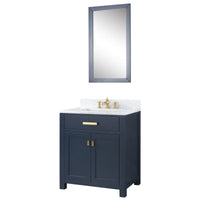 Water Creation Madison 30" Single Sink Carrara White Marble Vanity in Monarch Blue with Matching Mirror and F2-0013-06-FX Lavatory Faucet VMI030CWMB38 - Model Bath