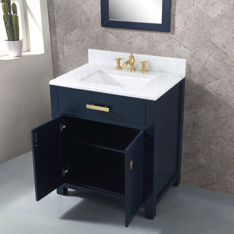 Water Creation Madison 30" Single Sink Carrara White Marble Vanity in Monarch Blue with Matching Mirror and F2-0013-06-FX Lavatory Faucet VMI030CWMB38 - Model Bath