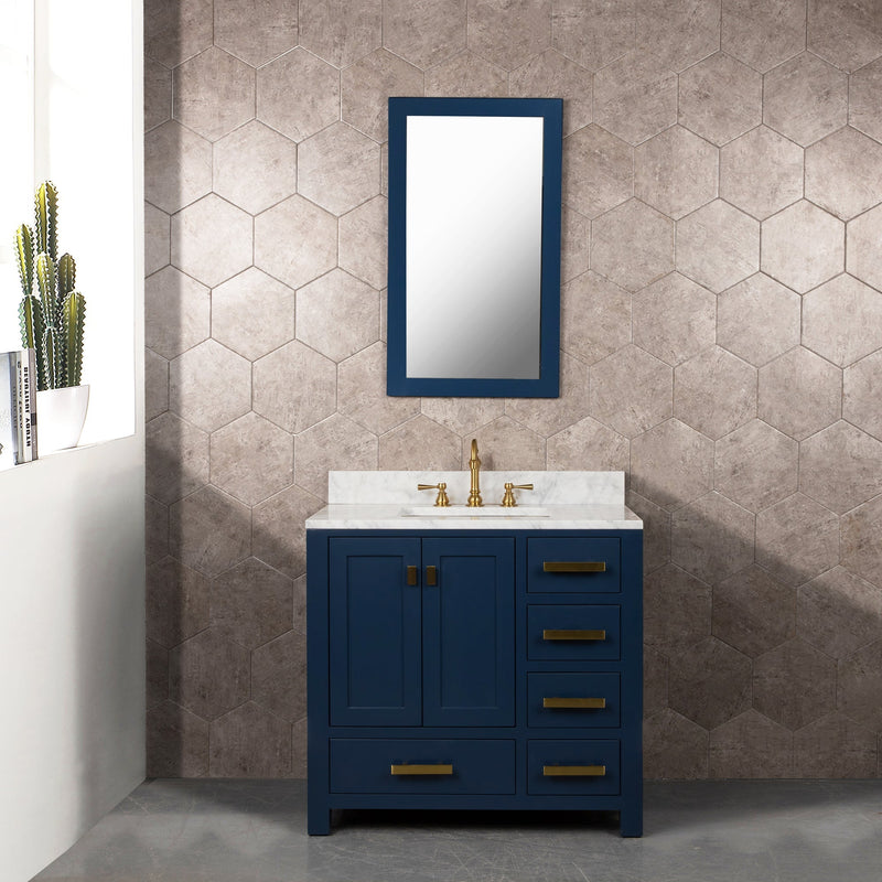 Water Creation Madison 36" Single Sink Carrara White Marble Vanity in Monarch Blue with F2-0012-06-TL Lavatory Faucet VMI036CWMB37 - Model Bath