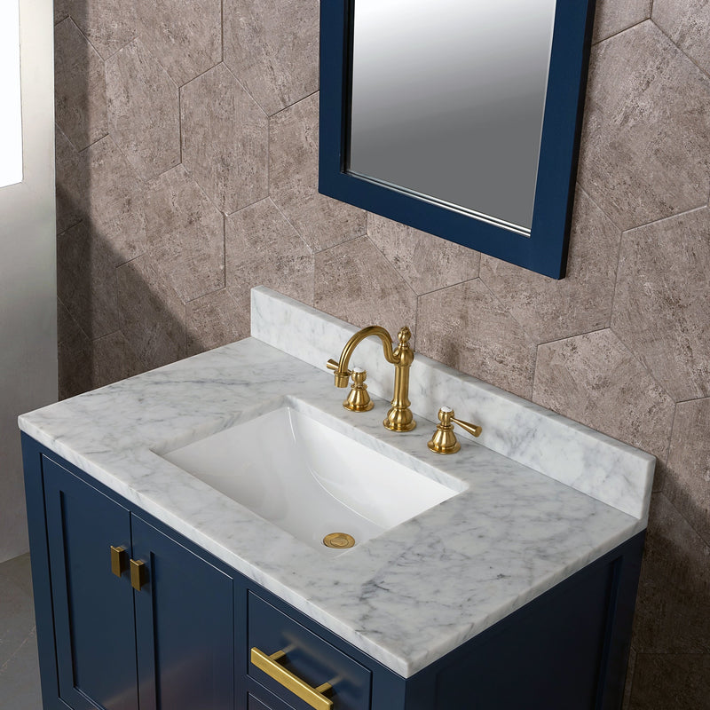 Water Creation Madison 36" Single Sink Carrara White Marble Vanity in Monarch Blue with F2-0012-06-TL Lavatory Faucet VMI036CWMB37 - Model Bath