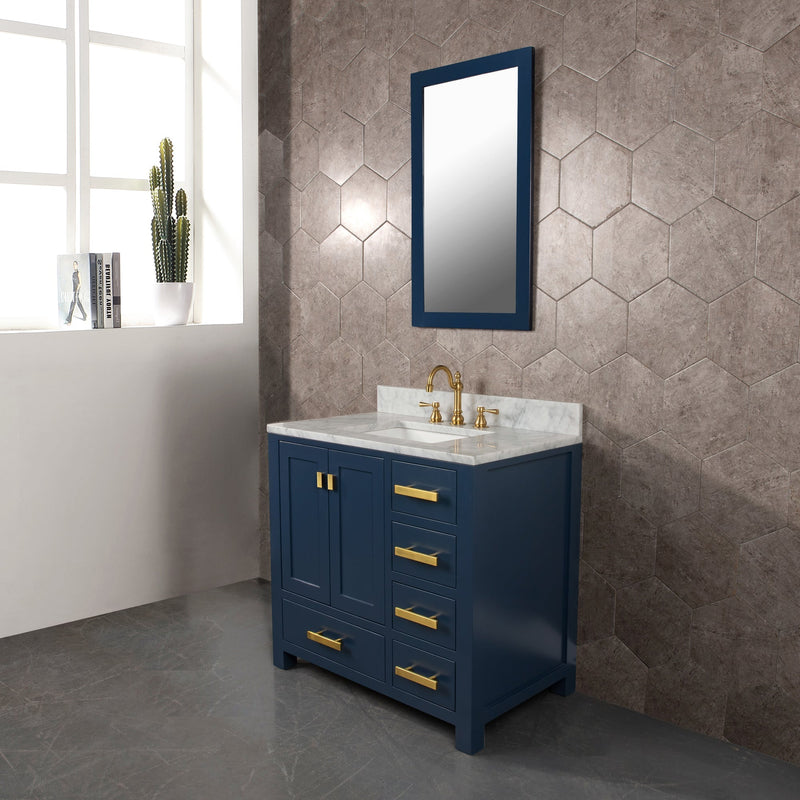 Water Creation Madison 36" Single Sink Carrara White Marble Vanity in Monarch Blue with F2-0012-06-TL Lavatory Faucet VMI036CWMB37 - Model Bath