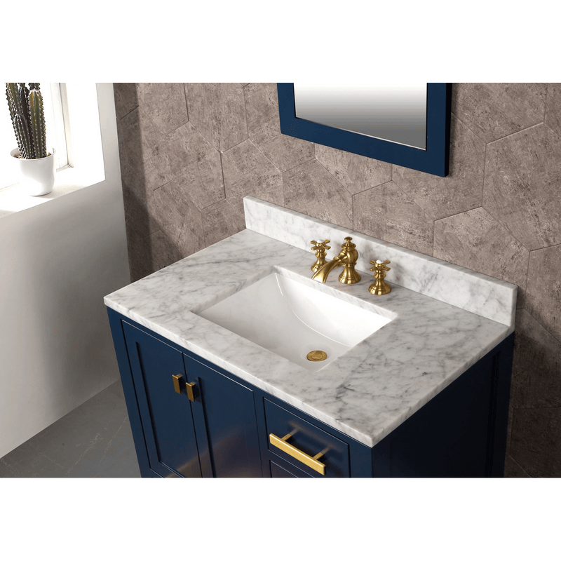 Water Creation Madison 36" Single Sink Carrara White Marble Vanity in Monarch Blue with F2-0013-06-FX Lavatory Faucet VMI036CWMB42 - Model Bath
