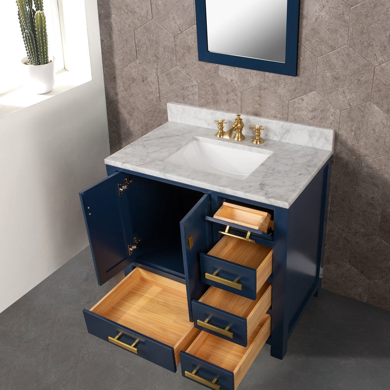 Water Creation Madison 36" Single Sink Carrara White Marble Vanity in Monarch Blue with F2-0013-06-FX Lavatory Faucet VMI036CWMB42 - Model Bath