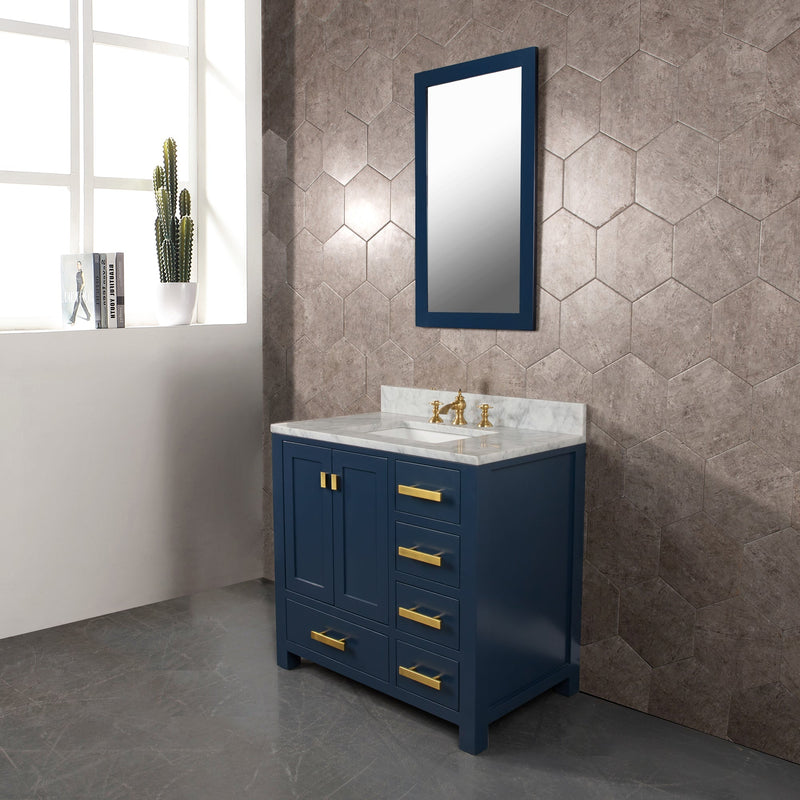 Water Creation Madison 36" Single Sink Carrara White Marble Vanity in Monarch Blue with F2-0013-06-FX Lavatory Faucet VMI036CWMB42 - Model Bath