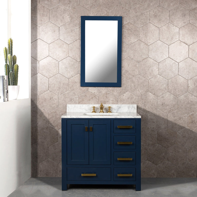 Water Creation Madison 36" Single Sink Carrara White Marble Vanity in Monarch Blue with F2-0013-06-FX Lavatory Faucet VMI036CWMB42 - Model Bath
