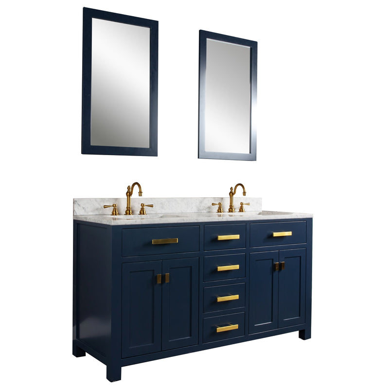 Water Creation Madison 60" Double Sink Carrara White Marble Vanity in Monarch Blue with Matching Mirror(s) and F2-0012-06-TL Lavatory Faucet(s) VMI060CWMB35 - Model Bath