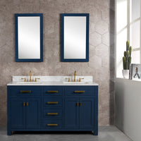 Water Creation Madison 60" Double Sink Carrara White Marble Vanity in Monarch Blue with Matching Mirror(s) and F2-0012-06-TL Lavatory Faucet(s) VMI060CWMB35 - Model Bath