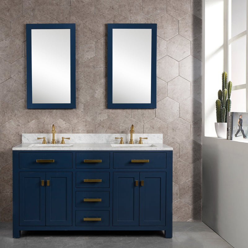 Water Creation Madison 60" Double Sink Carrara White Marble Vanity in Monarch Blue with Matching Mirror(s) and F2-0012-06-TL Lavatory Faucet(s) VMI060CWMB35 - Model Bath