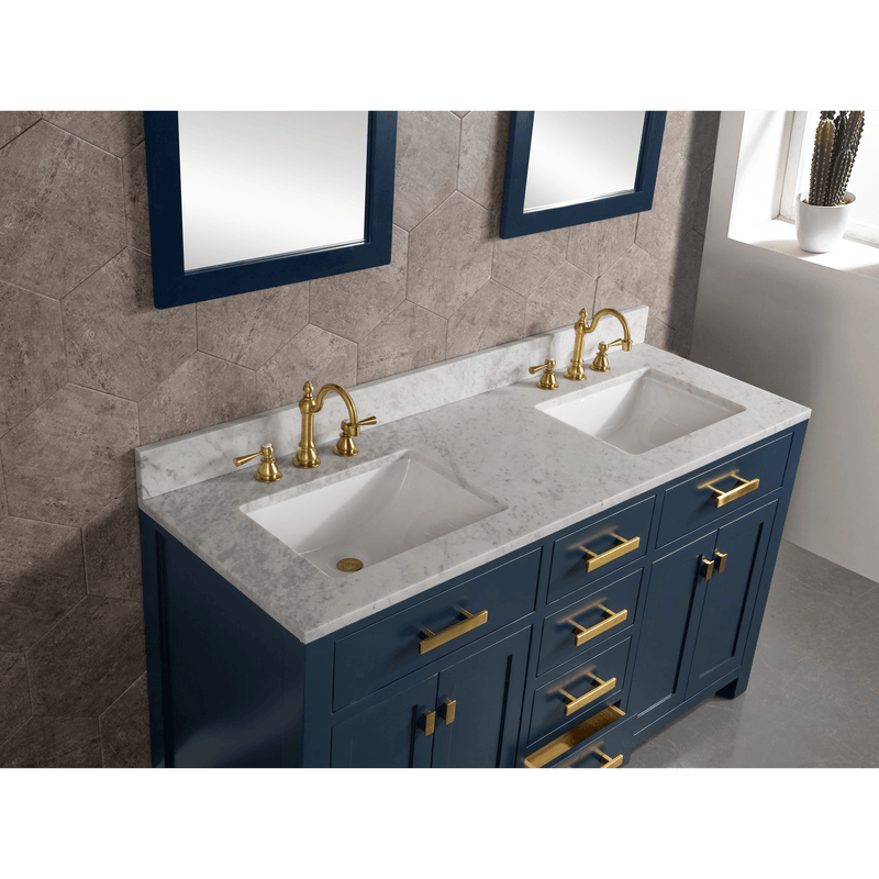 Water Creation Madison 60" Double Sink Carrara White Marble Vanity in Monarch Blue with Matching Mirror(s) and F2-0012-06-TL Lavatory Faucet(s) VMI060CWMB35 - Model Bath