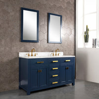 Water Creation Madison 60" Double Sink Carrara White Marble Vanity in Monarch Blue with Matching Mirror(s) and F2-0012-06-TL Lavatory Faucet(s) VMI060CWMB35 - Model Bath